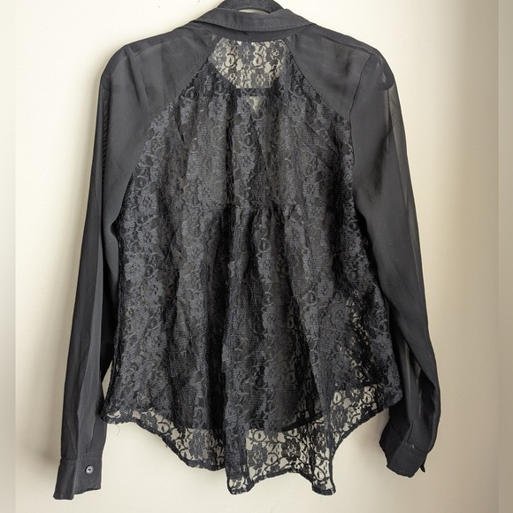 Frenchi Black Sheer Lace Button Up Blouse - Picture 3 of 6